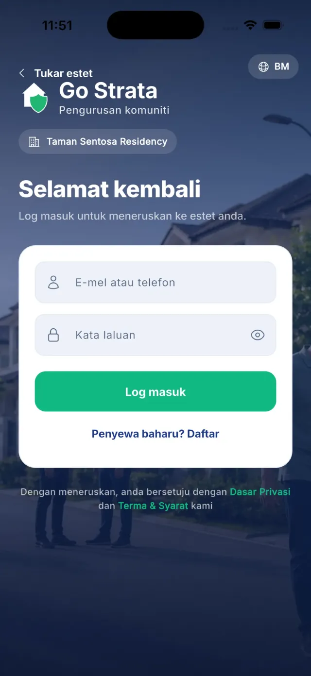 Skrin log masuk dengan pil nama estet, medan E-mel atau telefon, medan Kata laluan dan butang Log masuk.