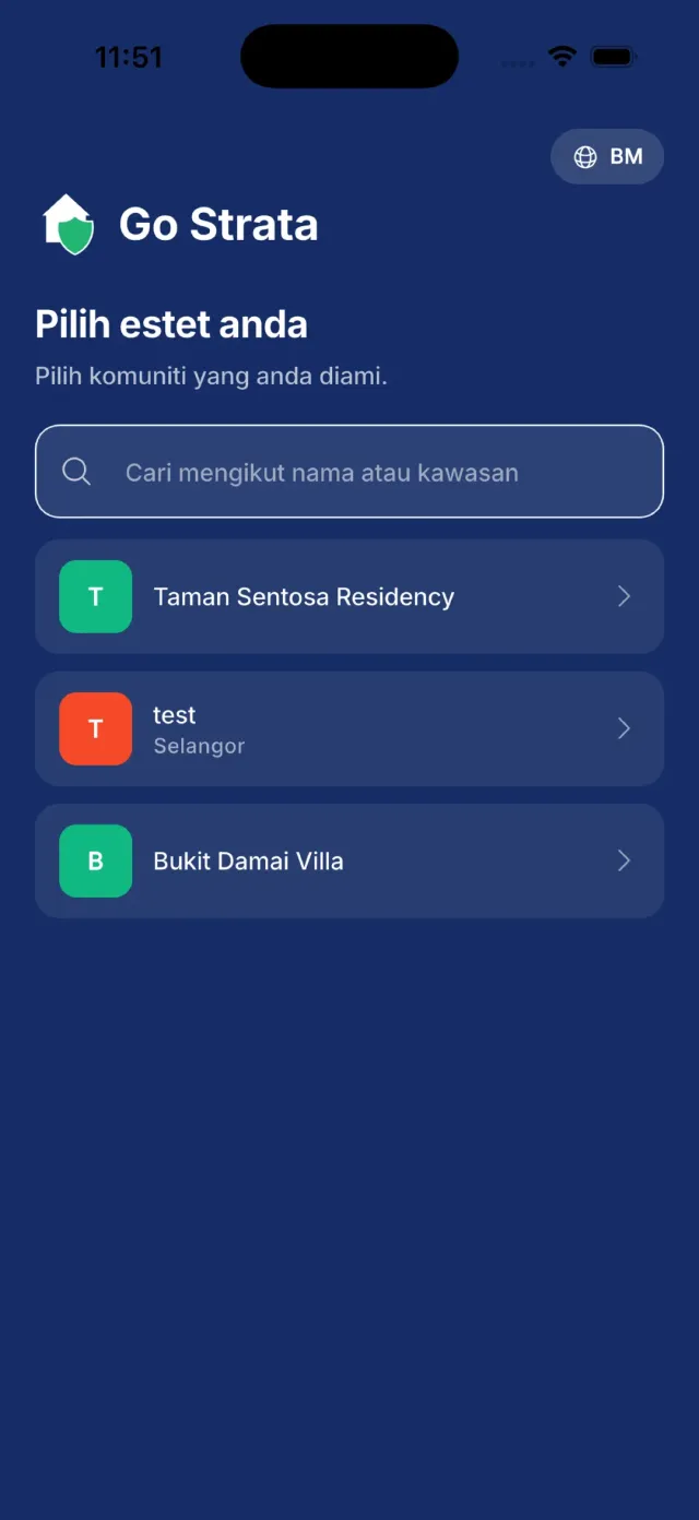 Butang penukar bahasa di penjuru kanan atas skrin log masuk.