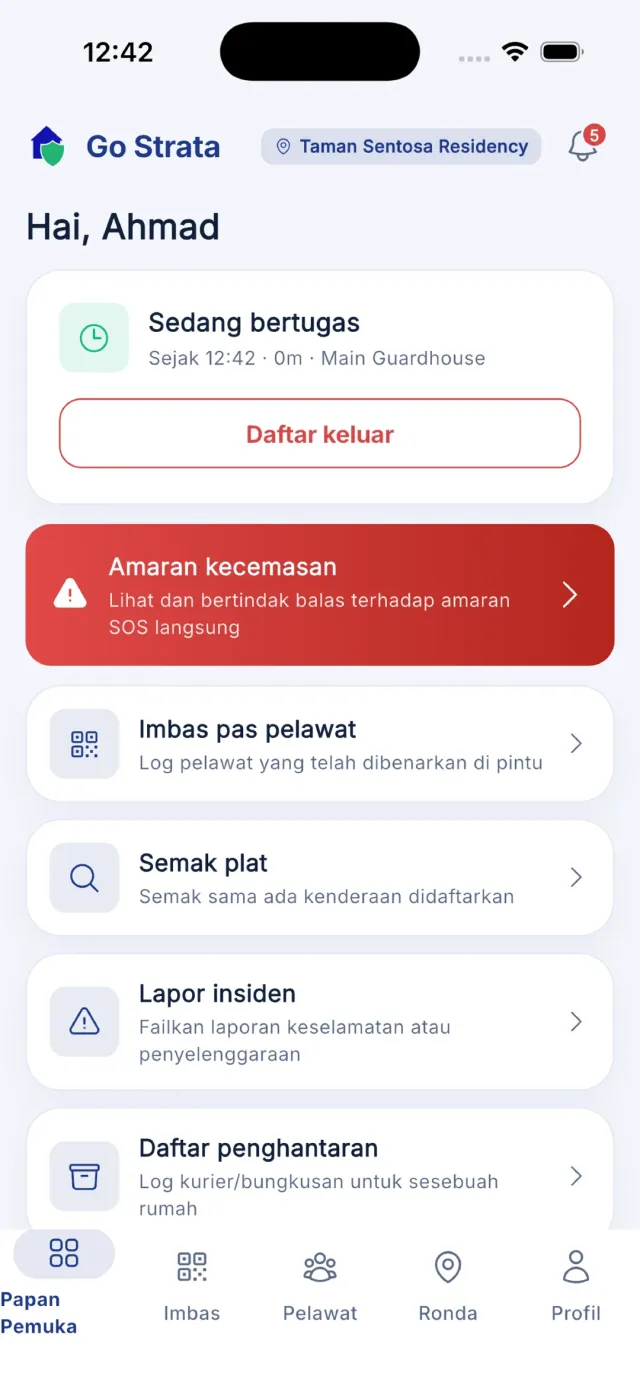 Kad status syif menunjukkan Bertugas dengan waktu mula.