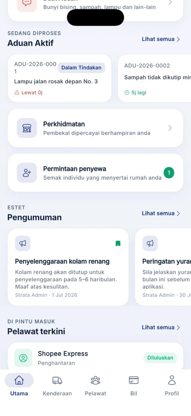 Bahagian bawah skrin utama — kad aduan, direktori servis, pengumuman dan pelawat terkini.