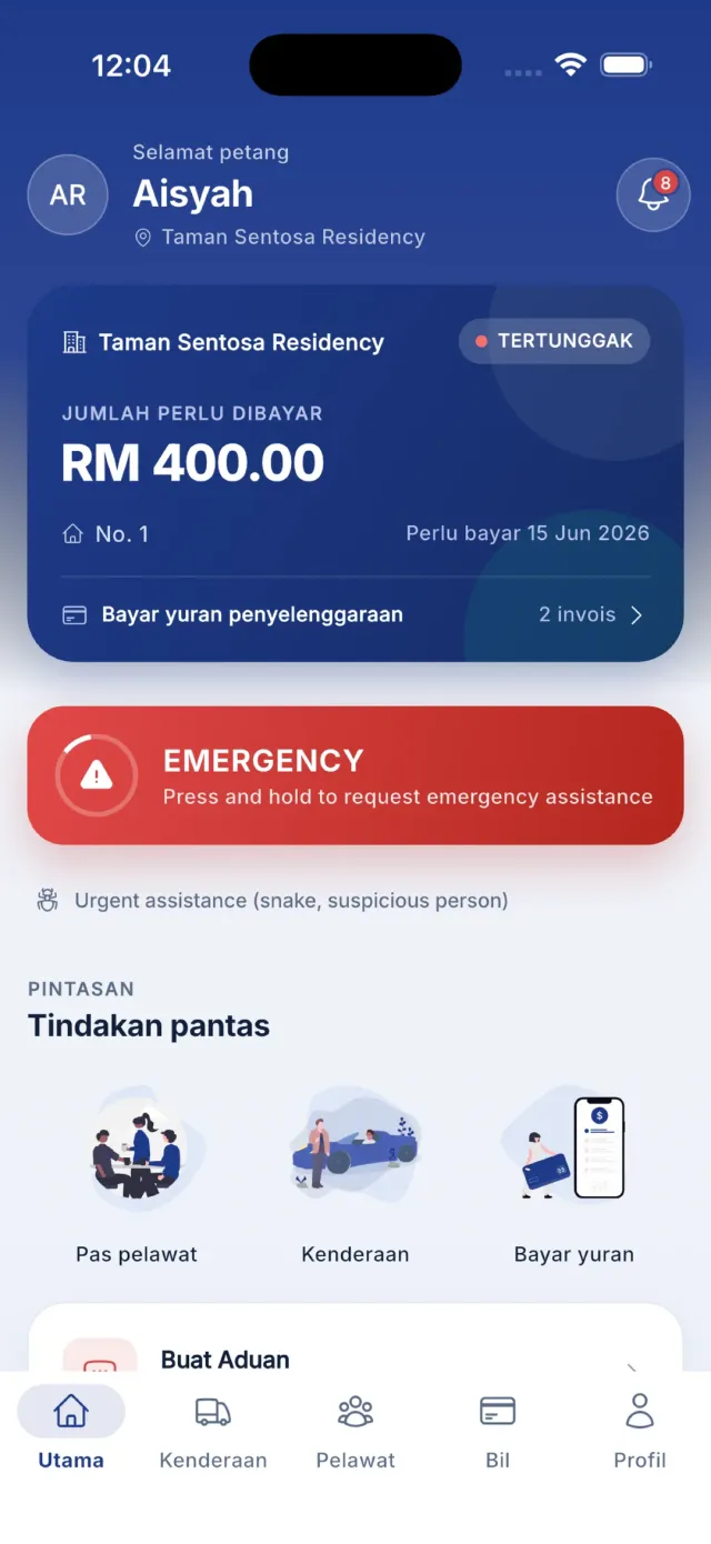 Butang kecemasan merah di skrin utama dengan teks tekan dan tahan.