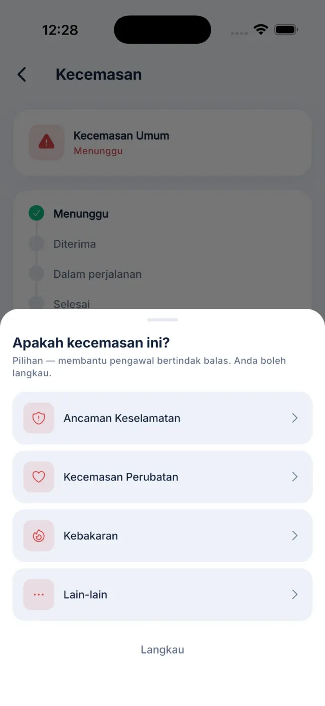 Skrin pilihan kategori kecemasan.